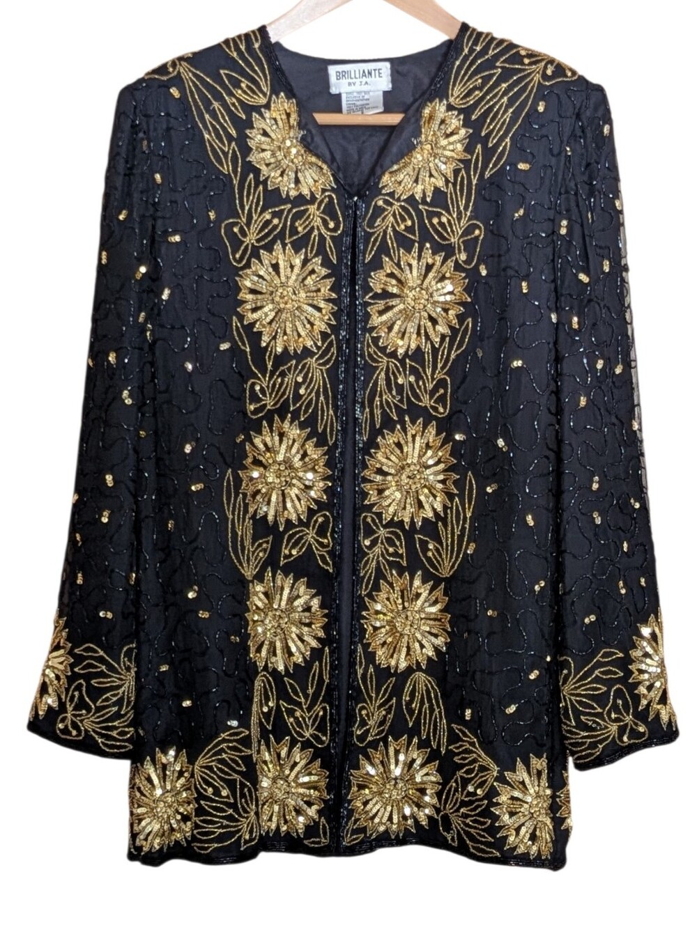 Black & Gold Beaded Silk Evening Jacket Brilliante By J.A. Vintage Party Small